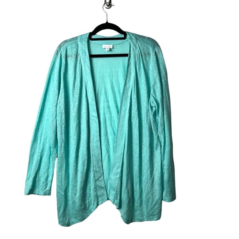 J. Jill Love Linen Cardigan‎ Sweater Womens Large Aqua Turquoise Open Front Knit
